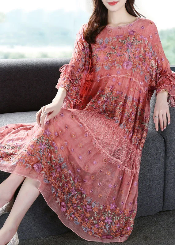 Relaxed Fashion Handmade Pink Embroideried Oversized Silk Vacation Dresses Flare Sleeve