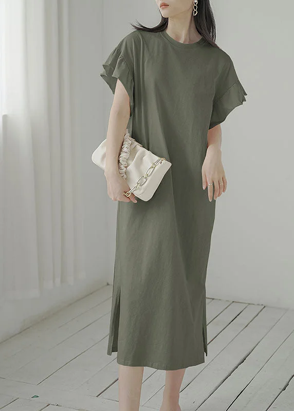 Big Savings On Modern And Classic Fashion Looks Women Army Green O-Neck Side Open Cotton Vacation Dresses Butterfly Sleeve