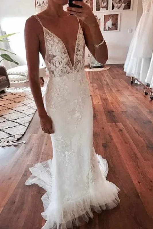 Flash Sale Online Roycebridal Ivory Mermaid Backless Deep V-neck Lace Wedding Dresses, Bridal Gown, MW828