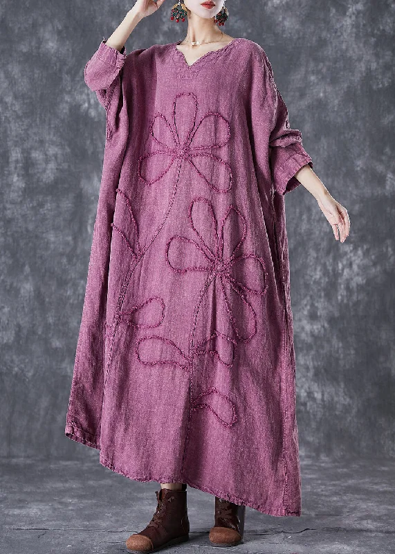 Outfits For Girls Organic Purple Embroideried Floral Linen Maxi Dresses Fall