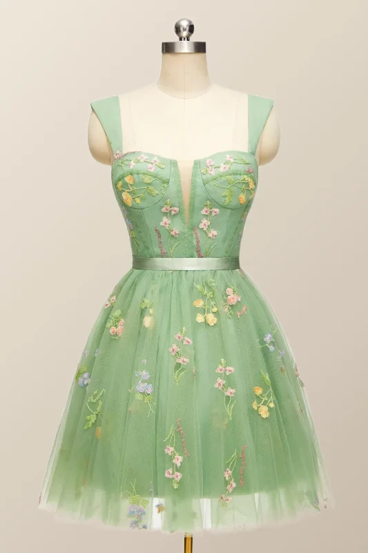 Elegant Clothing Green Floral A-line Short Princess Dress with Square Neck