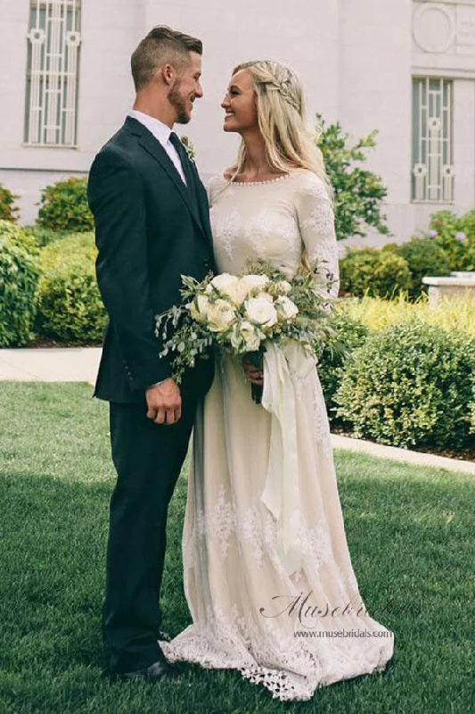 Limited Styles Roycebridal Ivory Tulle A-line Long Sleeves Bateau Wedding Dresses with Lace Appliques, MW556