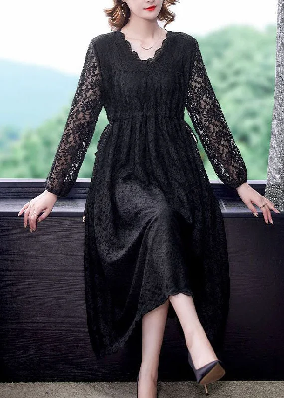 Chic And Affordable Fashion – Shop Now And Save Style Black Elastic Waist Hollow Out Lace Dresses Spring