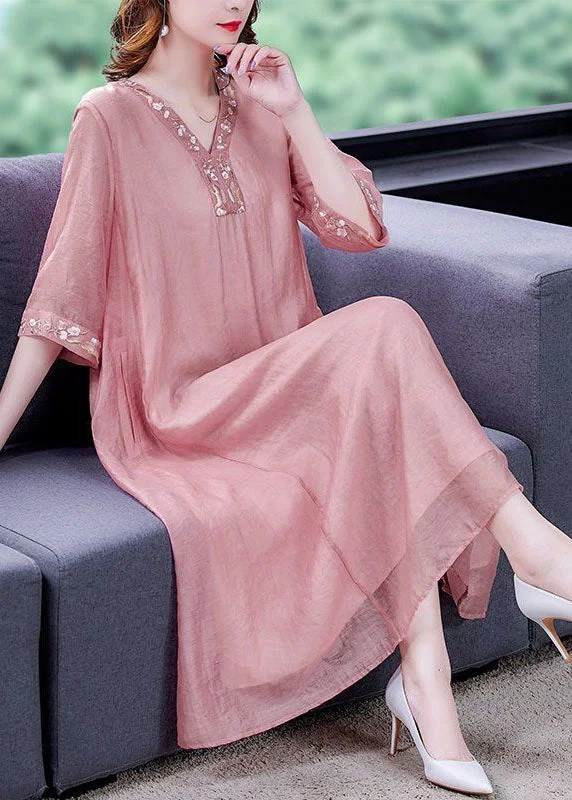 Final Call – Shop Elegant And Casual Fashion For Less Women Pink V Neck Embroideried Cotton Vacation Dresses Summer