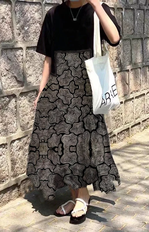 Comfortable Women's Apparel Fashion black print O-Neck Asymmetrical Plaid mosaic dress