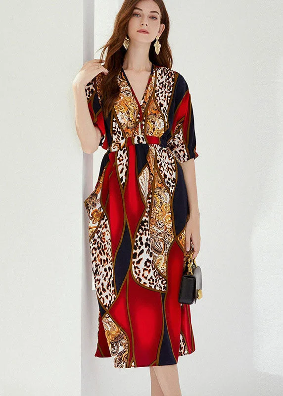 Shop Trendy And Timeless Outfits At Special Prices Natural Red V Neck Wrinkled Pockets Print Cotton Dresses Summer