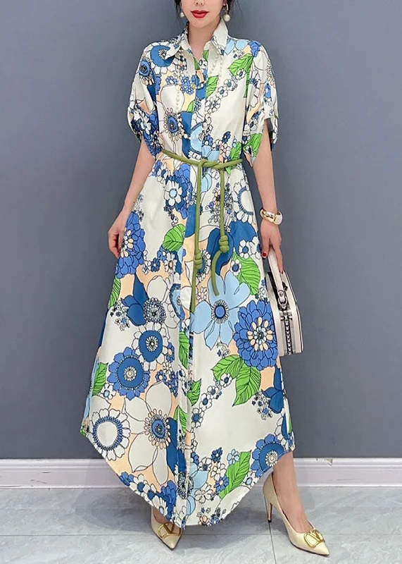 Huge Price Cut Art Blue Peter Pan Collar Print Cotton Maxi Shirts Dresses Summer