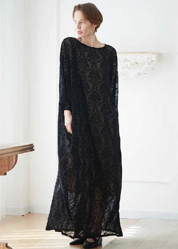 Women's Formal Clothes Oversized Black O Neck Jacquard Velour Robe Dresses Summer
