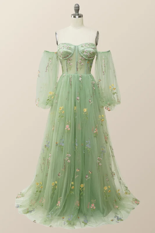 Luxury Fashion Soft Green Floral Embroidery Formal Dress