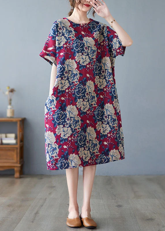Urban Femme Streetwear DIY Red O-Neck Floral Print Pockets Cotton Holiday Dress Short Sleeve