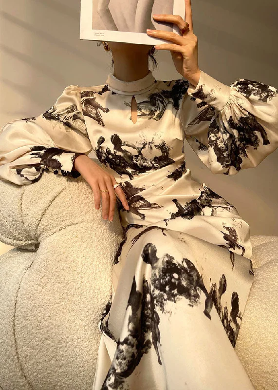 Fashionista Favorites French White Hign Neck Wrinkled Ink Wash Painting Print Silk Dresses Spring