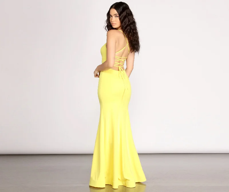 Fashion Forward Iva Crepe Lace Charming Up Back Mermaid Dress