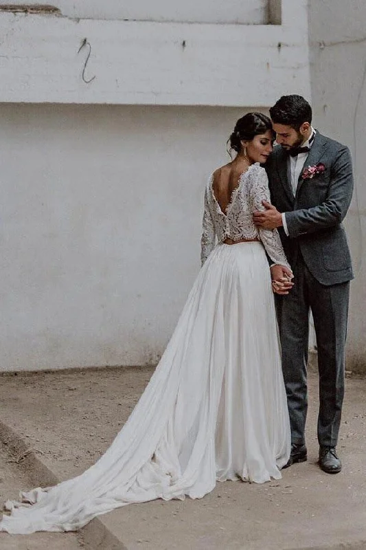 Fashion Deal Roycebridal Simple A-line Two-piece Bateau Long Sleeves Lace Wedding Dresses, MW560
