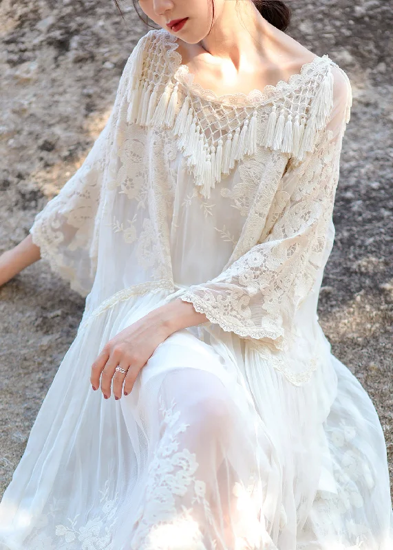 Hot Styles Organic Beige O-Neck Embroideried Floral Lace Tassel Silk Long Dress Long Sleeve