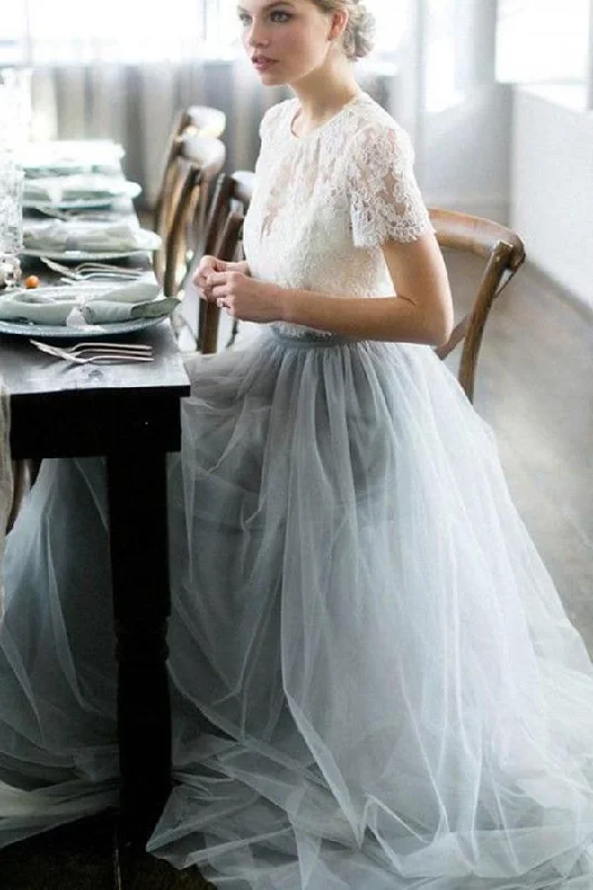 Season Sale Roycebridal Tulle A-line Two Piece Short Sleeves Wedding Dress With Sweep Train, MW540