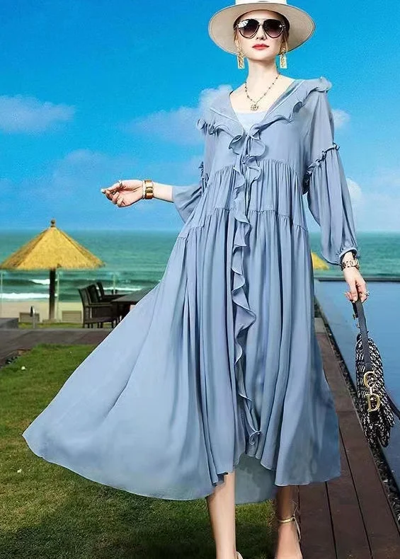 Fashion Sale Live Now – Upgrade Your Style For Less Plus Size Blue Ruffled Asymmetrical Patchwork Silk Vacation Dresses Summer
