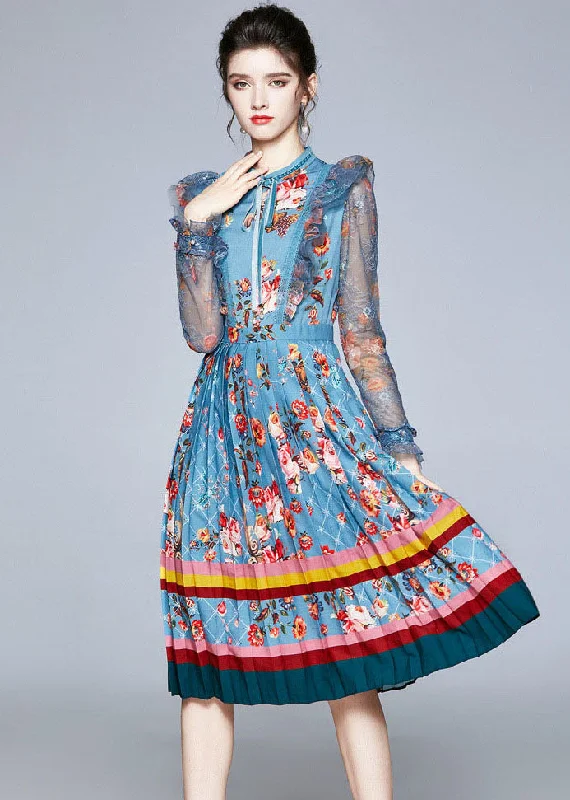 Stylish Clothes For Women Italian Blue Ruffled Lace Up Print Tulle Patchwork Chiffon Dresses Fall