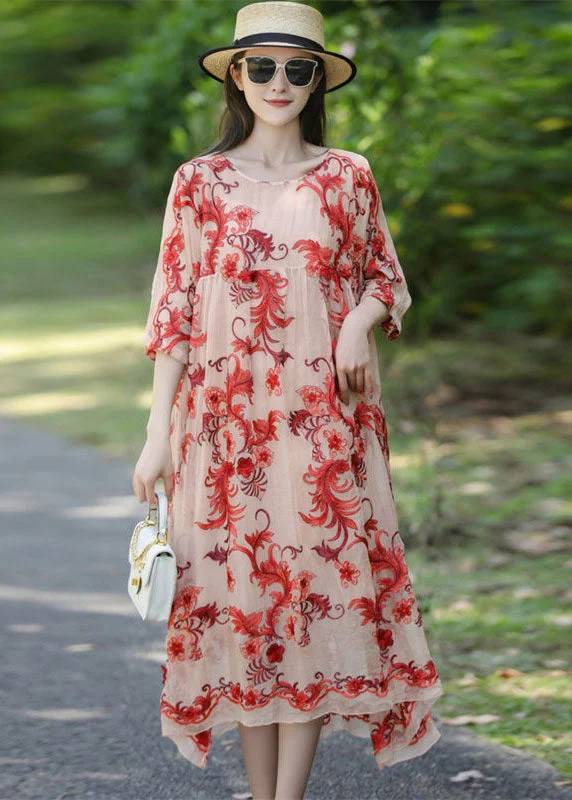 Women's Occasion Wear Clothing French Apricot Embroideried Oversized Silk Holiday Dress Summer