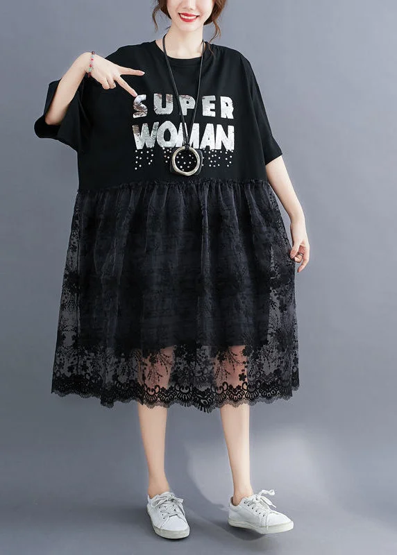 Women's Chic Outfit Fashion Black O-Neck Lace Patchwork Cotton Holiday Dress Half Sleeve