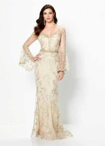 Comfort Centric Apparel Montage by Mon Cheri - Embellished Long Bell Sleeve Sheath Gown 219986 - 1 pc Champagne In Size 12 Available