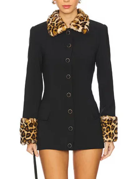 Graceful Fashion Black Mini Dress with Detachable Leopard Faux-Fur Trim