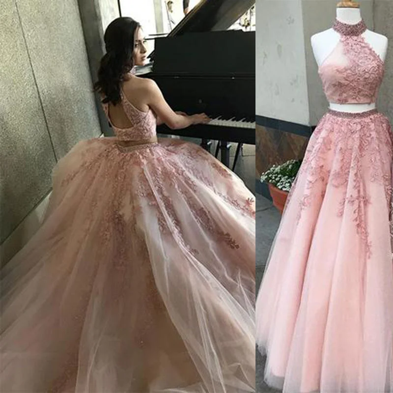 Timeless Classics LP5525 Halter High Neck Top Blush Pink Prom Dresses Two Pieces Crop Top Evening Gown Girls Formal Gown 2018