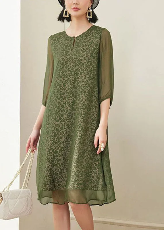 Massive Selection Sale Plus Size Green O-Neck Print Chiffon A Line Dress Half Sleeve