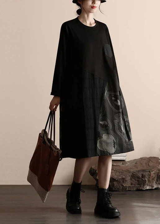Women's Fashion Markdowns – Get Your Favorites Today Natural Black O Neck Print Patchwork Cotton Dresses Spring