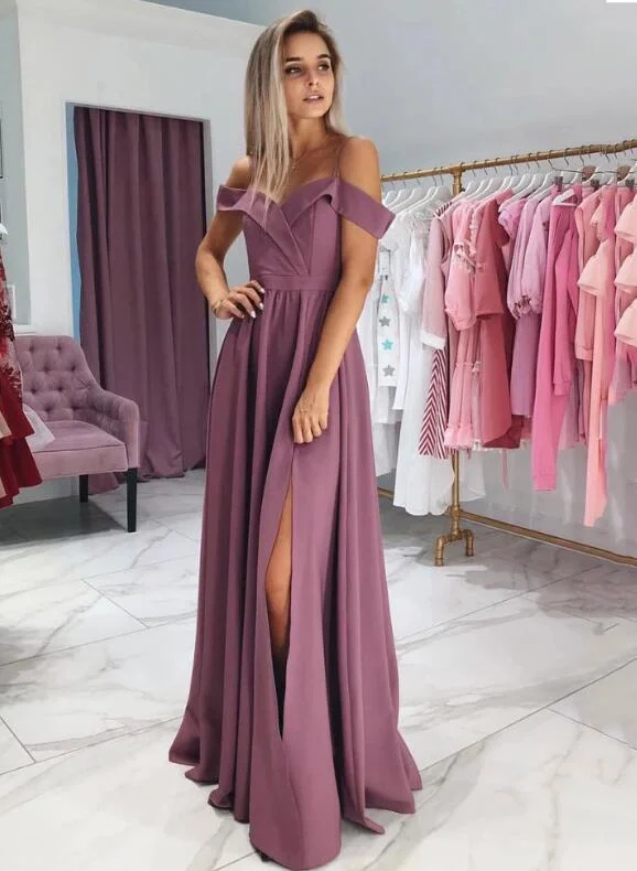 Comfortable Casual Women’s Clothing Mauve Taupe Long Formal Girls Prom Party Dresses Straps 2020 with Sexy Slit PD6541