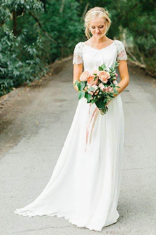 Discount Price Roycebridal Chiffon A-line V-neck Short Sleeves Wedding Dresses With Beading, MW830