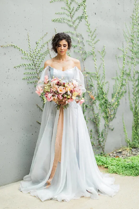 Casual Chic Roycebridal Unique Grey Chiffon A-line Off Shoulder Wedding Dress, Wedding Gown, MW712