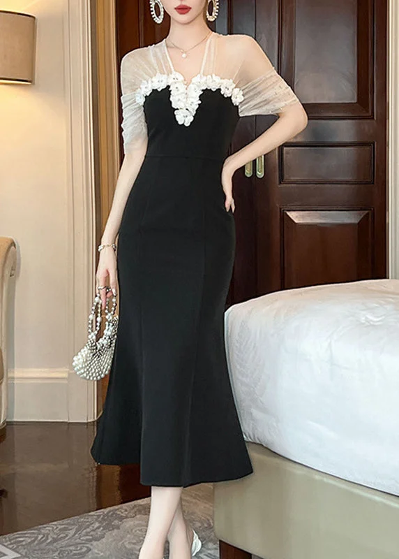 Style Upgrade Fashion Black V Neck Tulle Patchwork Floral Maxi Dresses Summer