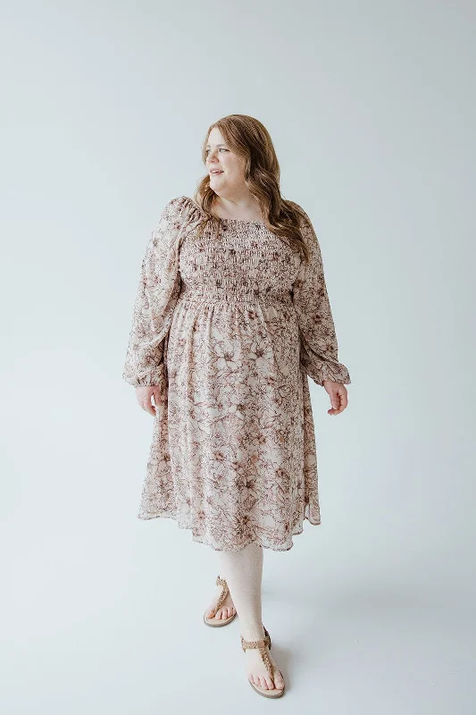 Clothes For Women LONG BLOUSON SLEEVED SMOCKED BODICE DRESS IN SIMPLY ROSEY BEIGE