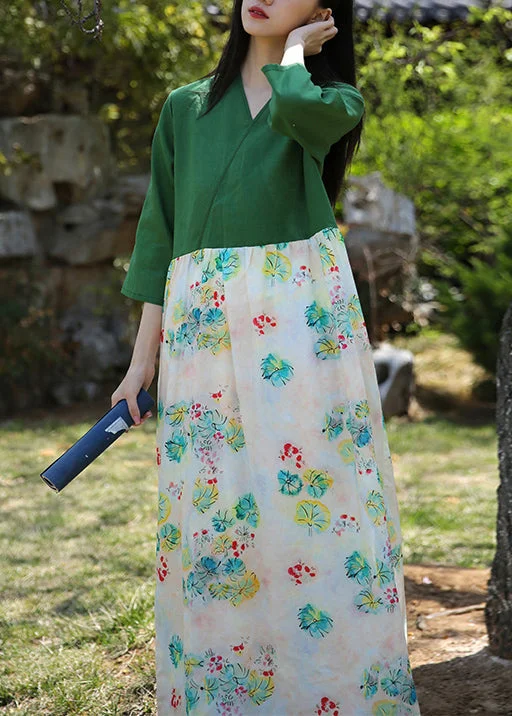 High-End Fashion, Low-End Prices – Don't Miss Out Green Pockets Patchwork Cotton Dresses V Neck Bracelet Sleeve