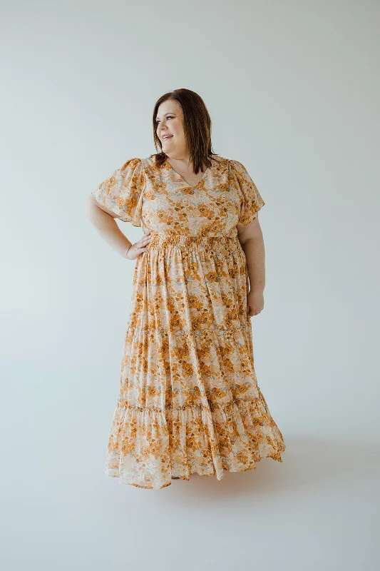 Clearance Sale TIERED FLUTTER SLEEVE FLORAL DRESS IN AMBER SUNSET