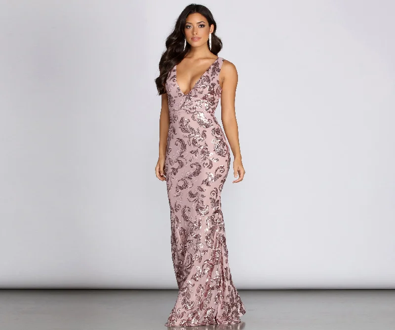 Charming Women's Holiday Apparel Paisley Formal Stylish Sequin Leaf Dress