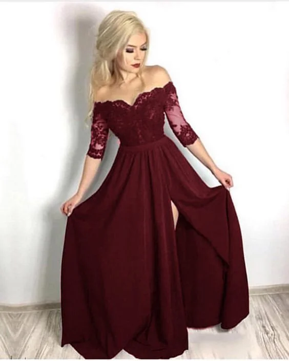 Fashionable Dresses for Women Burgundy long prom dress for girls with lace   cg17605