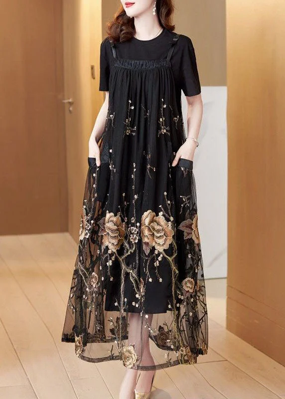Classic Women's Clothing Styles Unique Black Embroideried Patchwork Pockets Tulle Strap Dresses Summer