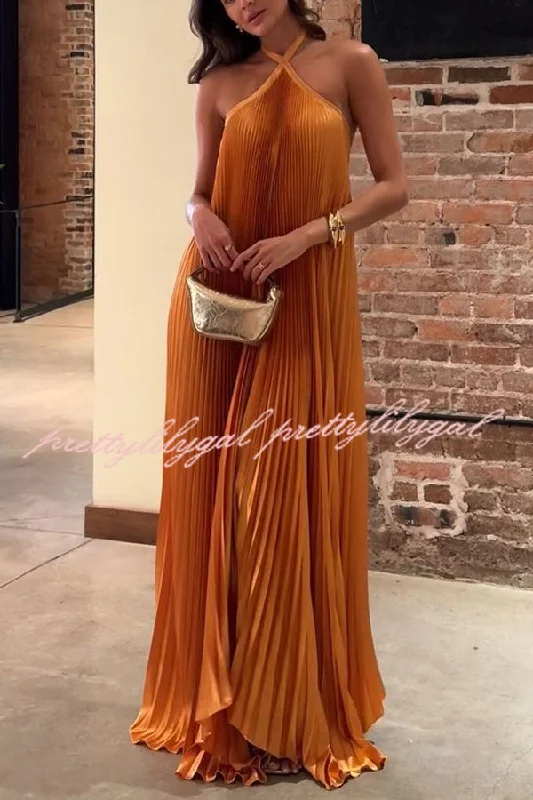 Online Boutiques Best Luxurious Atmosphere Satin Halter Neck Backless A-line Gown Maxi Dress