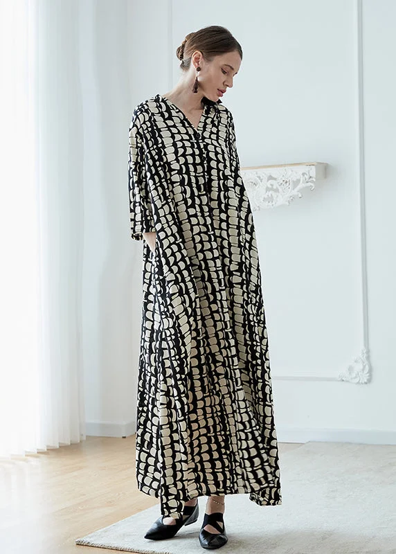 Special Offers, Don't Miss Plus Size Black V Neck Print Pockets Chiffon Robe Dresses Summer
