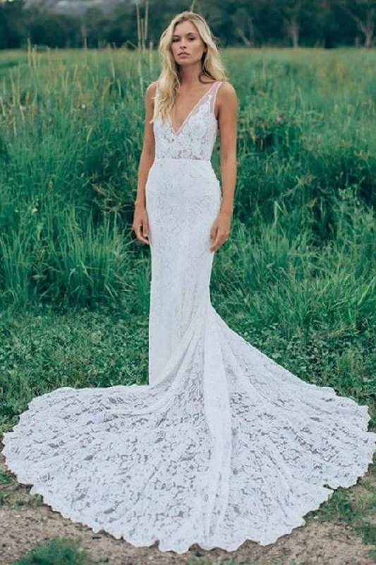 Elegant Styles Roycebridal Beautiful Lace Sheath V Neck Wedding Dress, Bridal Dress With Train, MW528