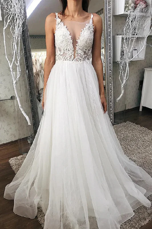 Relaxed Style Roycebridal Tulle A-line V-neck Wedding Dresses With Lace Appliques, Bridal Gowns, MW711