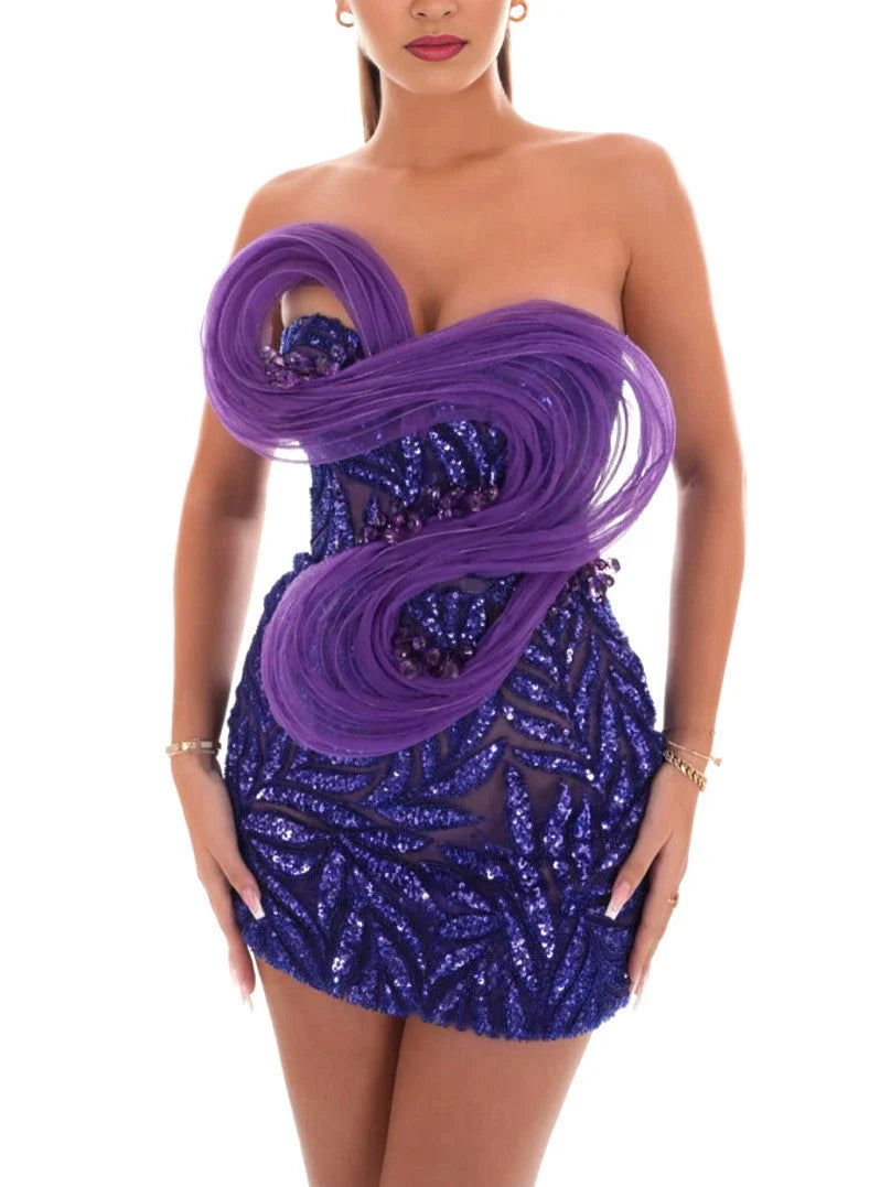 Quality Wear Strapless Purple Sequin Tulle and Mesh Mini Dress