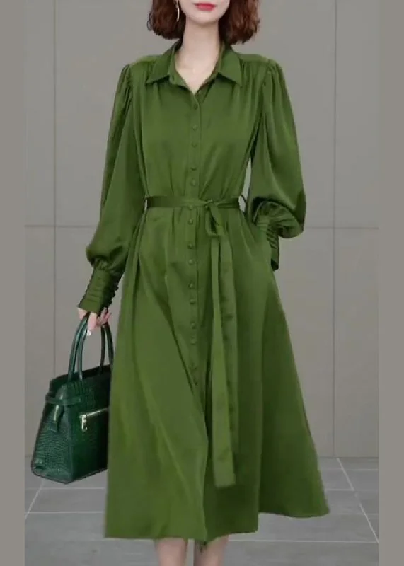 Your Favorite Fashion Pieces Now At Lower Prices French Army Green Peter Pan Collar Tie Waist Chiffon Vacation Dresses Spring