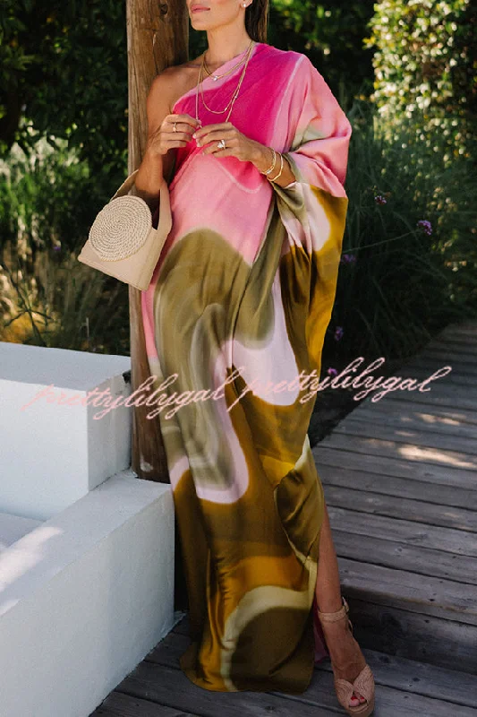 Trendy Street Style Summertime Favorites Satin Tie Dye Print One Shoulder Drape Vacation Maxi Dress