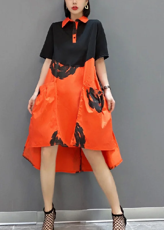 Flash Sale On Fashion – Act Fast Boutique Orange Peter Pan Collar Patchwork Print Cotton Robe Dresses Short Sleeve
