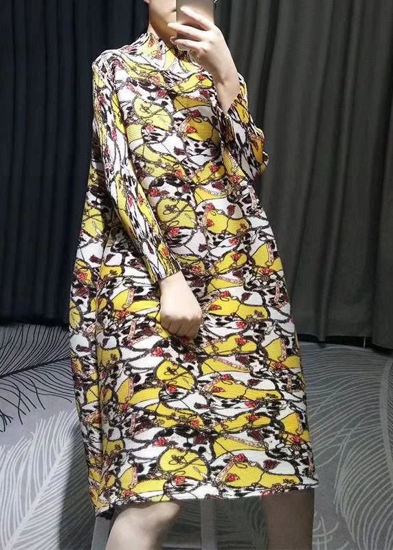 Refresh Your Look With Our Women's Fashion Sale Fine Yellow Print Hign Neck Patchwork Cotton Dresses Fall