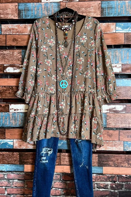 Unbeatable Prices Enchanting Memory Floral Boho-Peasant Tunic in Mocha