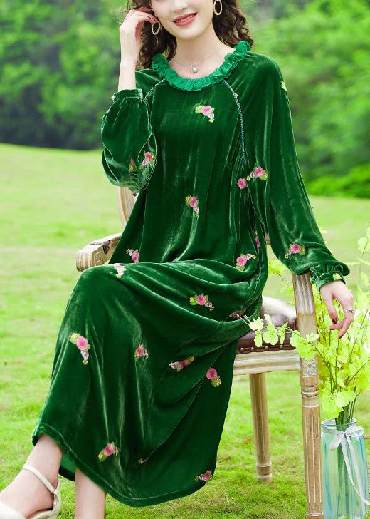 Style Breakthroughs Chic Green Ruffled Embroideried Floral Silk Velour Maxi Dresses Spring