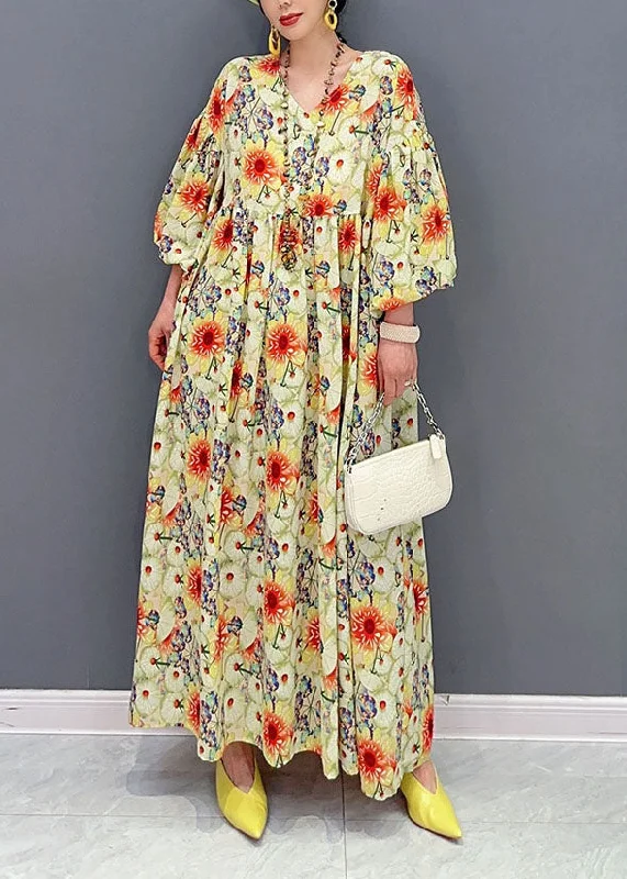 Chic Outfits Plus Size Yellow Oversized Floral Print Cotton Robe Dresses Lantern Sleeve